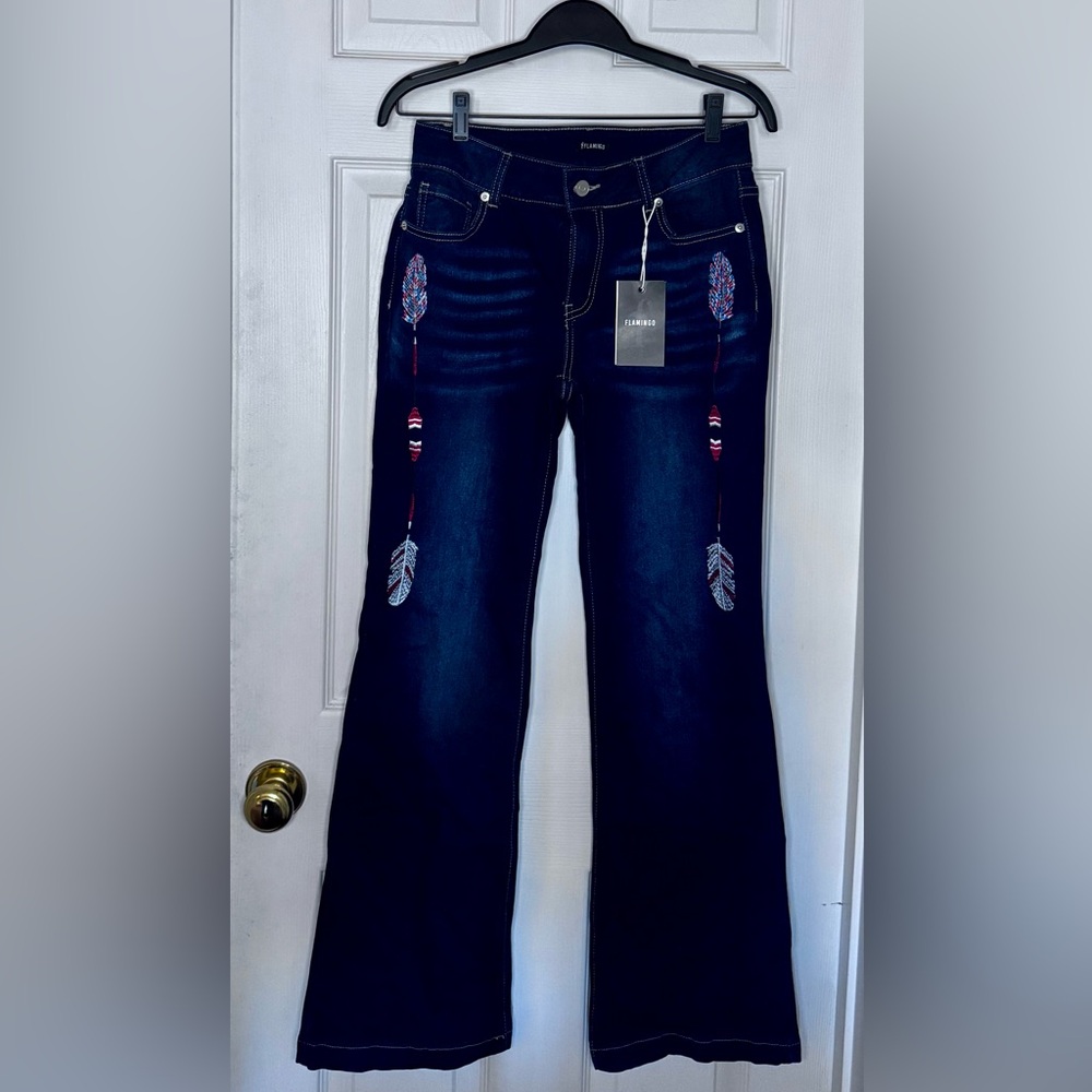 Embroidered Feather Denim Blue Jeans Size small by Flamingo
